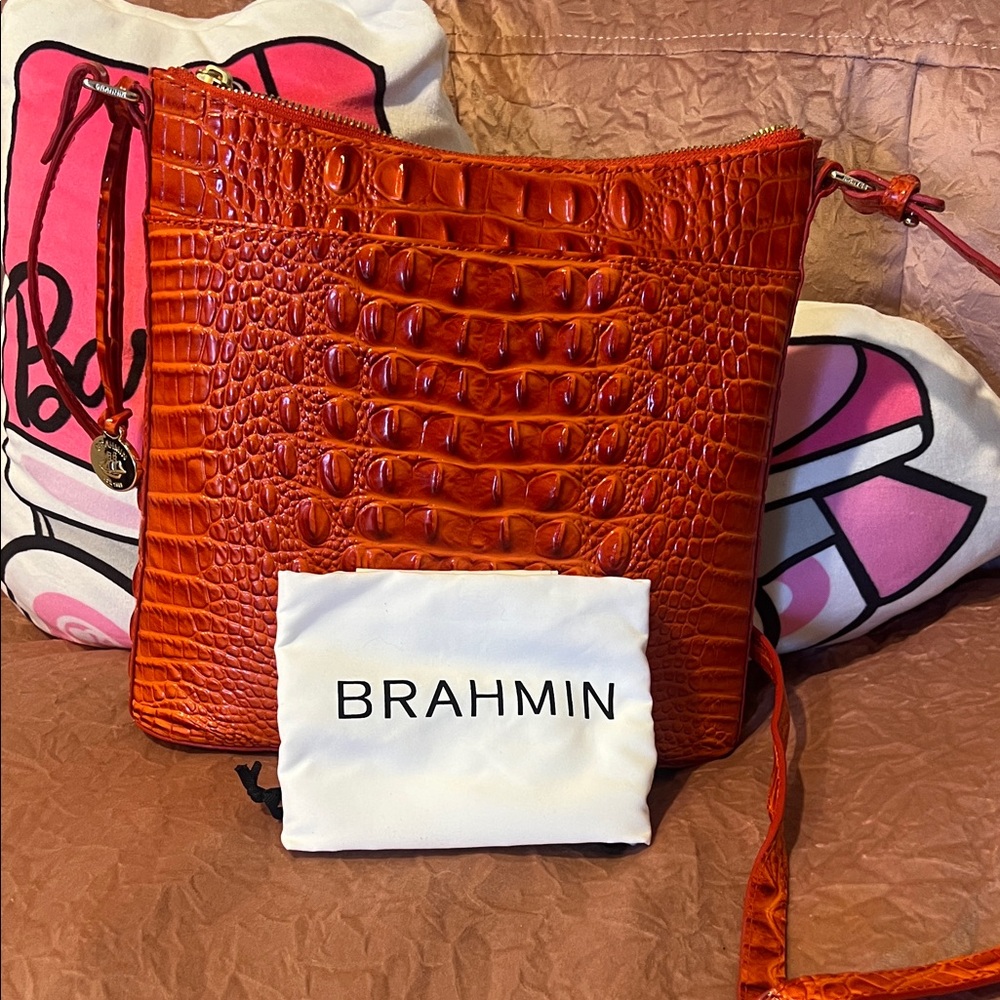 Brahmin Croc-Embossed Leather Crossbody Bag – Flame Orange
